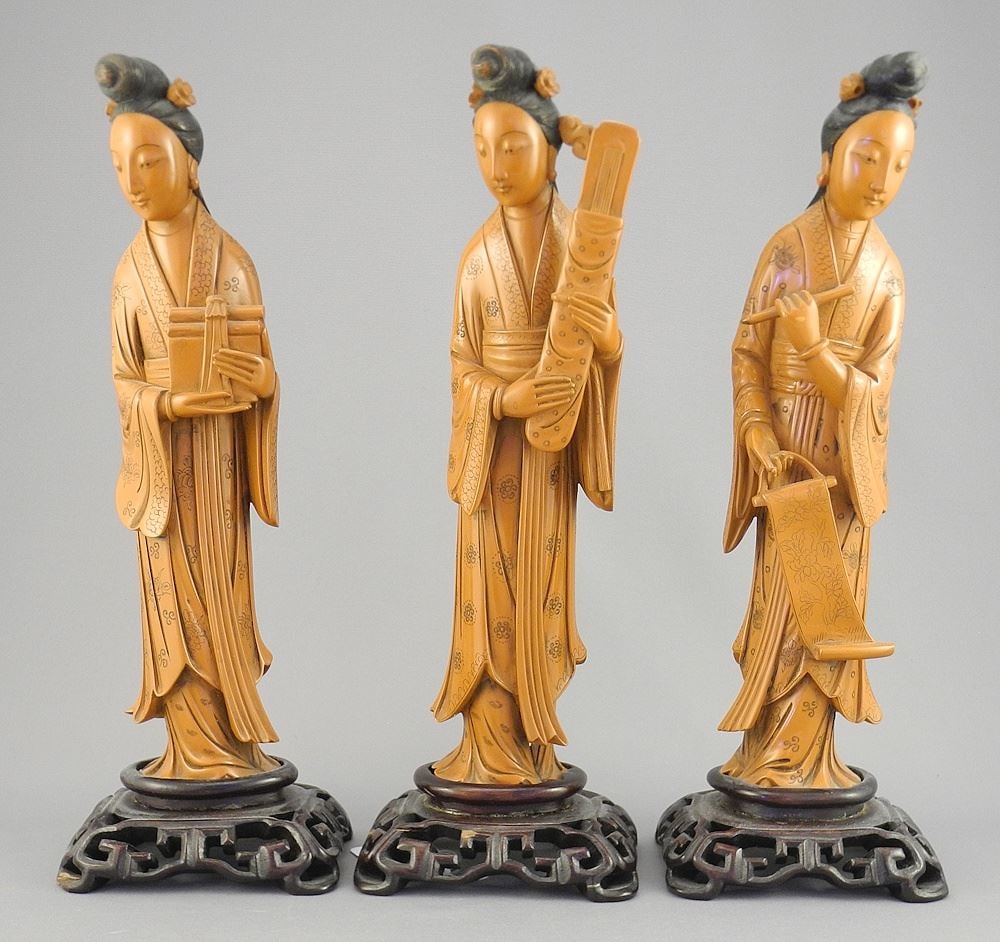 Three Chinese Carved Bakelite Celestial Maidens on Wood Bases C. 1930, 11"h. (1 of 2)