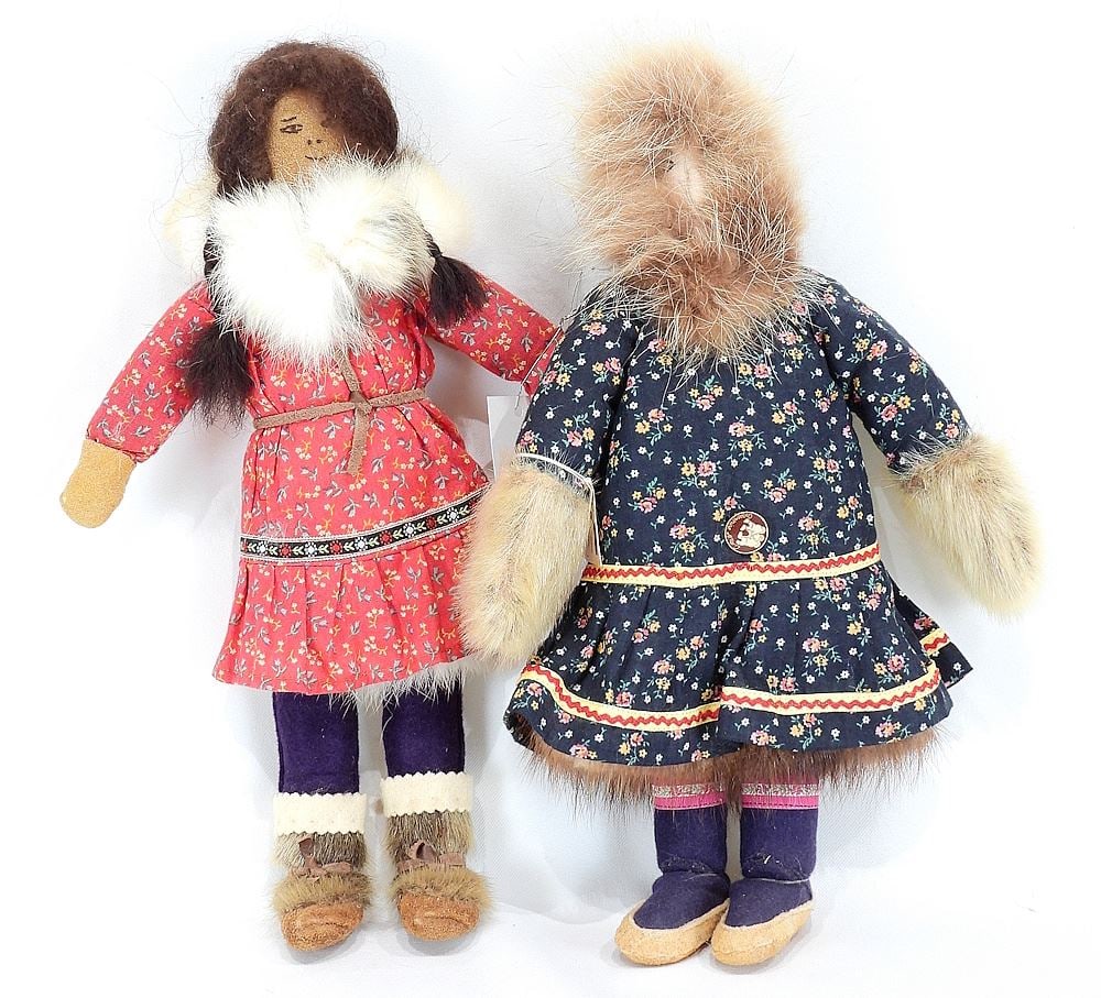 Two Coppermine Area Inuit Dolls, One w/Tags, 15"h.: Two Coppermine Area Inuit Dolls, One w/Tags, 15"h.