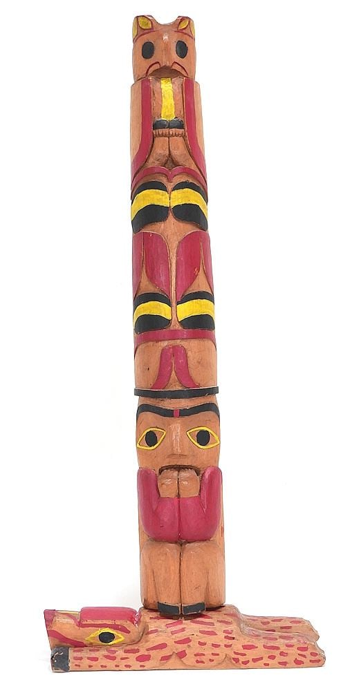 Polychrome Hardwood Northwest Coast Model Totem Pole, 27 3/4"h. (1 of 3)