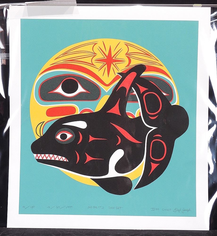 Coast Salish Serigraph signed Tyee Chief Floyd Joseph, 21 x 19", "Nobility Sunset" #9/180, (1 of 3)
