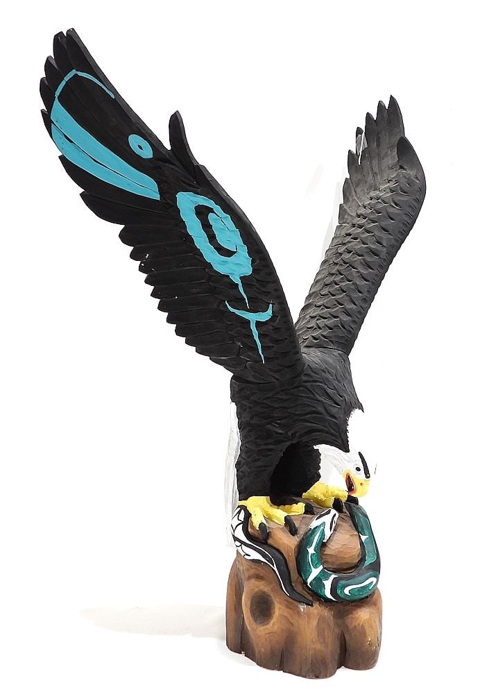 Carving signed Earl Lace, 22 3/4 x 19 1/2 x 8 3/4", "Eagle & Lightning Snake" 2012. (1 of 5)
