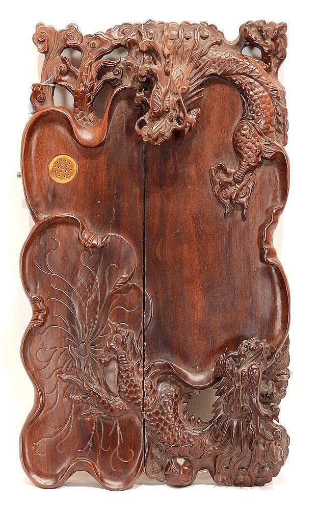 Chinese Elaborately Carved Hardwood Tea Table, 28 1/2"L (split noted).: Chinese Elaborately Carved Hardwood Tea Table, 28 1/2"L (split noted).