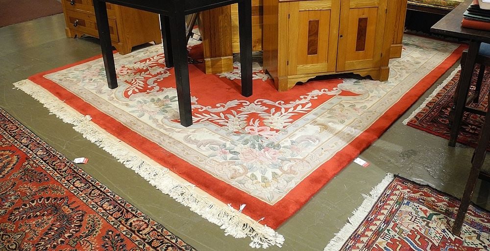 Chinese Sculpted Scarlet Wool Carpet, 10'9" x 8'.: Chinese Sculpted Scarlet Wool Carpet, 10'9" x 8'.