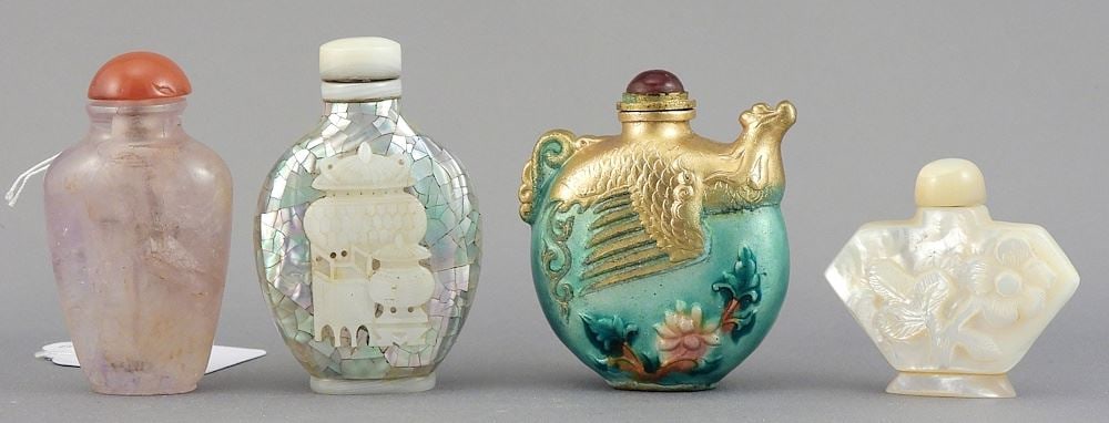 Four Snuff Bottles: 2 MOP - Enameled - Quartz, 1 5/8 - 2 3/8"h. (1 of 2)