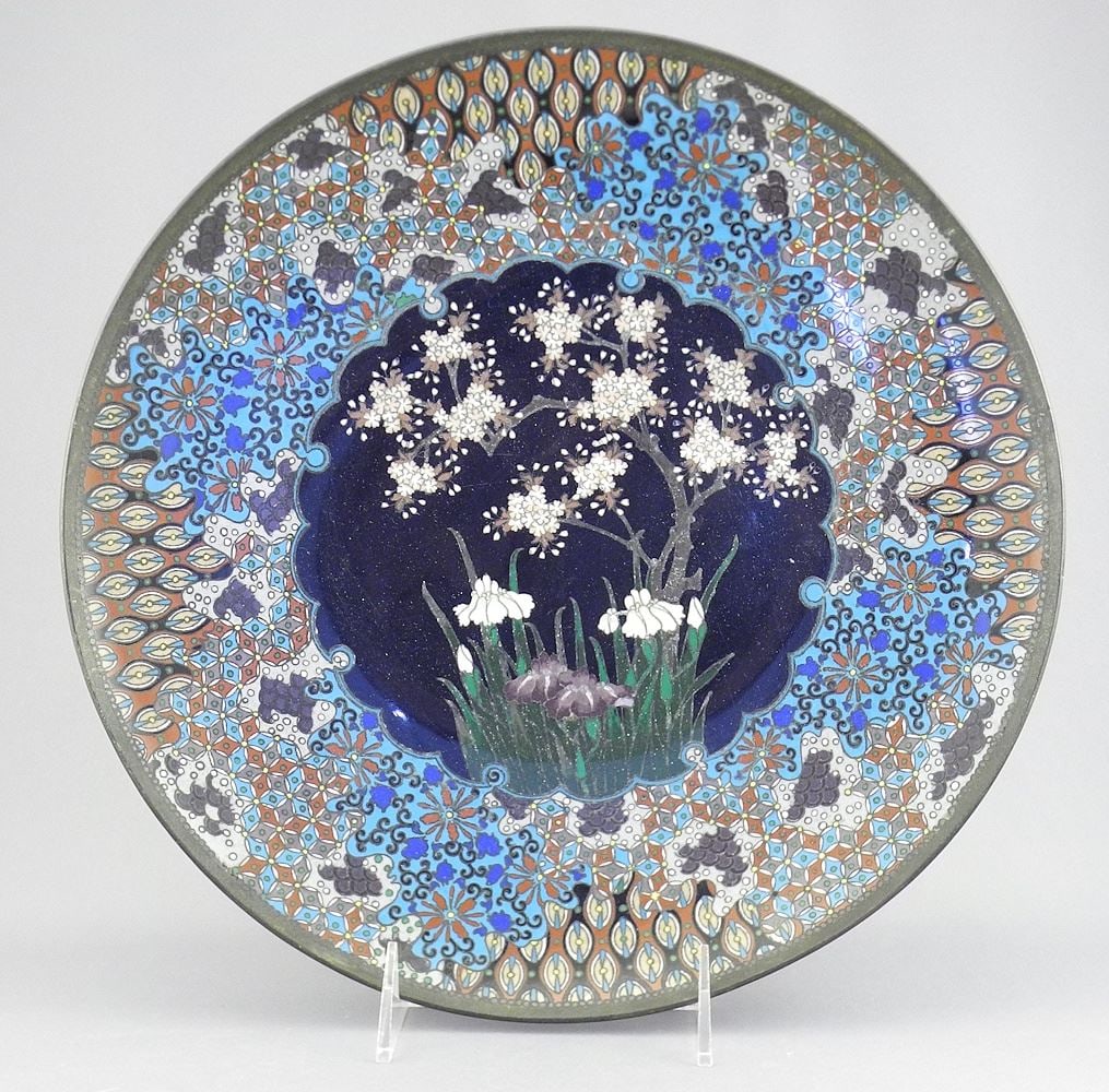 Japanese Meiji Period Cloisonne Charger, 12 x 11 3/4" (curvature noted).: Japanese Meiji Period Cloisonne Charger, 12 x 11 3/4" (curvature noted).
