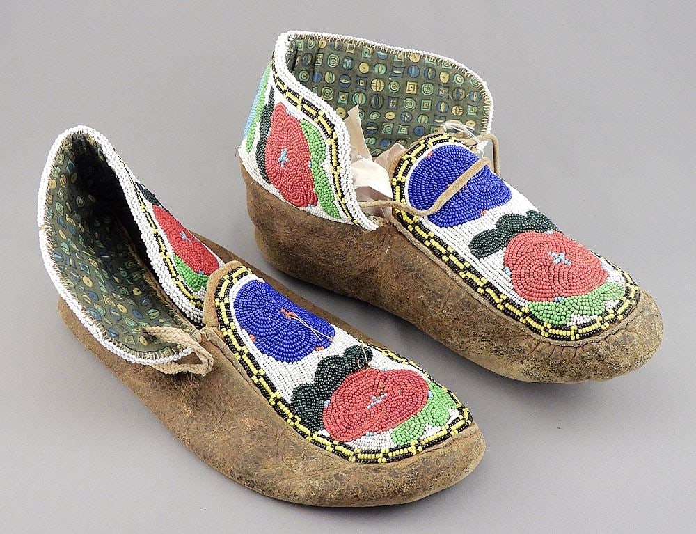 Pair of Old Beaded & Tanned Hide Moccasins, 10"L. (1 of 3)