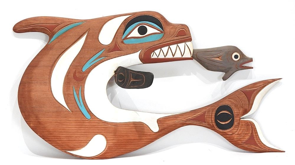 Coast Salish Carved Plaque signed Floyd Joseph Tyee, 26"L, "Killer Whale & Seal" 1990.: Coast Salish Carved Plaque signed Floyd Joseph Tyee, 26"L, "Killer Whale & Seal" 1990.