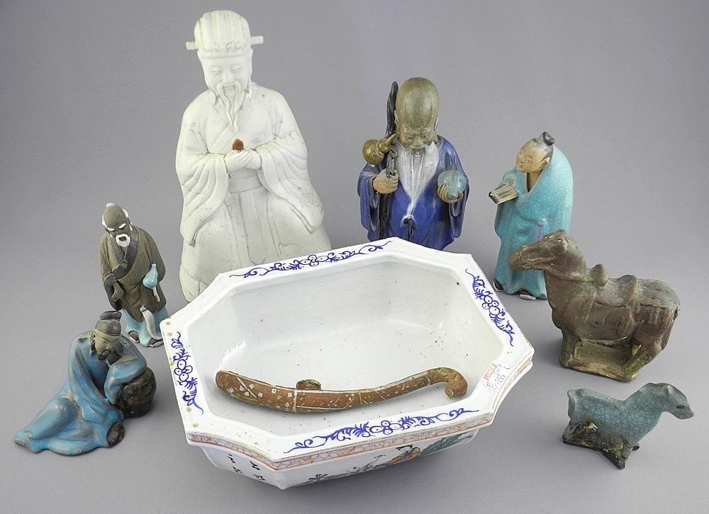 Collection of Chinese Pottery Figures - Porcelain Trough - Han Belt Hook, 1/2 - 8"h.: Collection of Chinese Pottery Figures - Porcelain Trough - Han Belt Hook, 1/2 - 8"h.