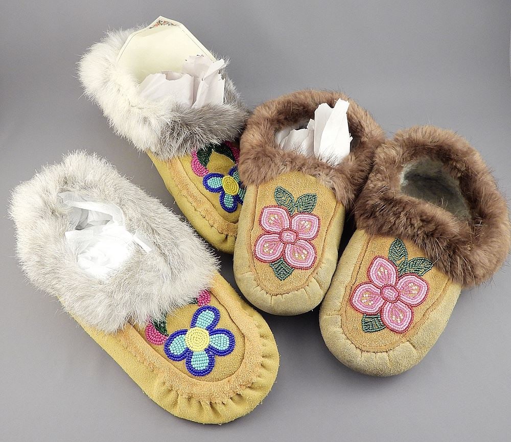 Two Pair of Beaded Fur Trim Moccasins, 10 - 11"L. (1 of 2)