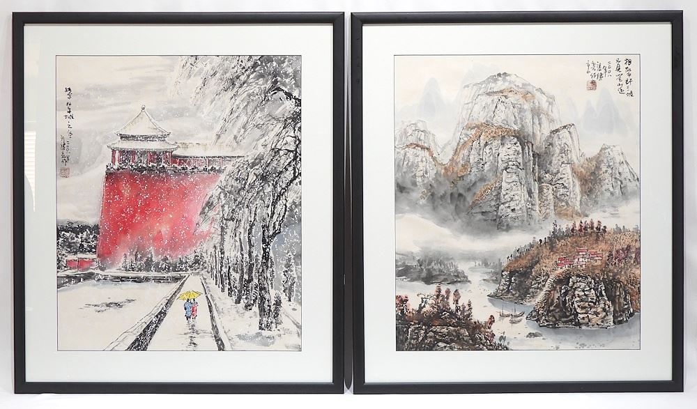 Two Chinese Ink & Colour Painting signed w/Seal, 23 1/2 x 19 1/2", "Forbidden City" & "Landsc (1 of 5)