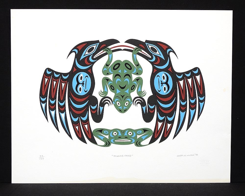 Coast Salish Serigraph signed Joseph M. Wilson '89, 15 x 19 1/4", "Ravens & Frogs" #53/125.: Coast Salish Serigraph signed Joseph M. Wilson '89, 15 x 19 1/4", "Ravens & Frogs" #53/125.