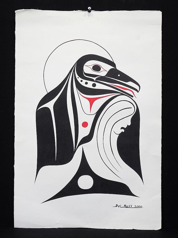 Haida Mixed Media on Paper signed Del Russ 2000, 22 1/4 x 15", "Raven & Human", Unframed. (1 of 2)