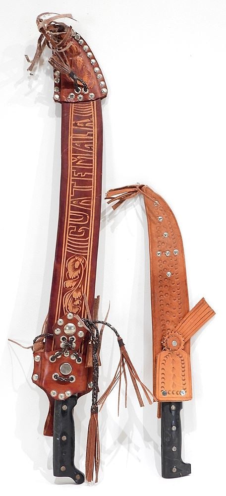 Two Guatemalan Machetes in Leather Sheathes, 19 1/4 & 29 1/2"L, CDN BIDDERS ONLY. (1 of 3)