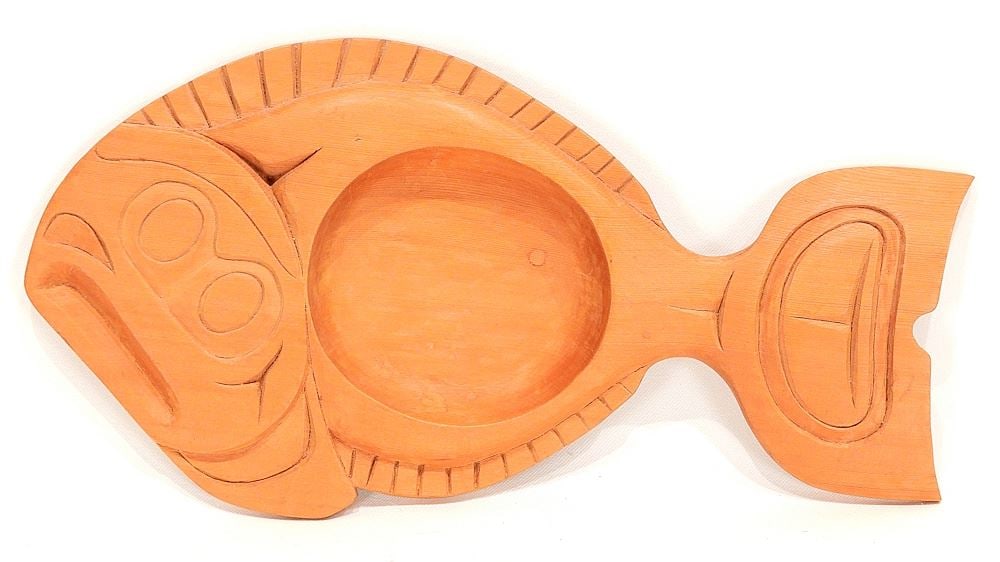 Campbell River Yellow Cedar Halibut Bowl signed John A. Shakkeh, 15"L. (1 of 4)