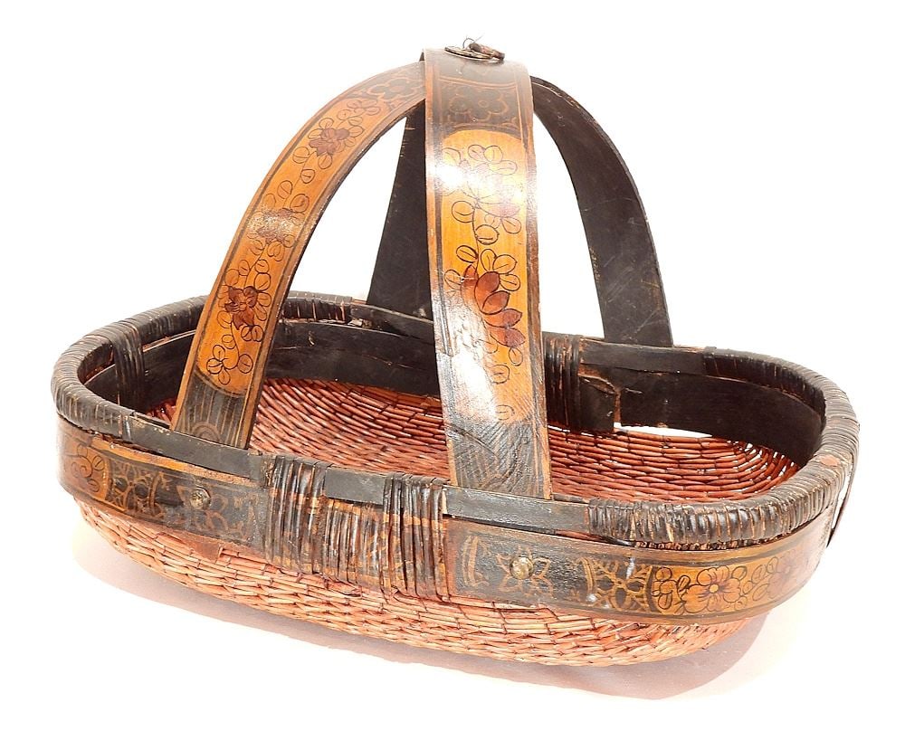 Chinese Paint Decorated Woven Fibre Basket, 22"L. (1 of 3)