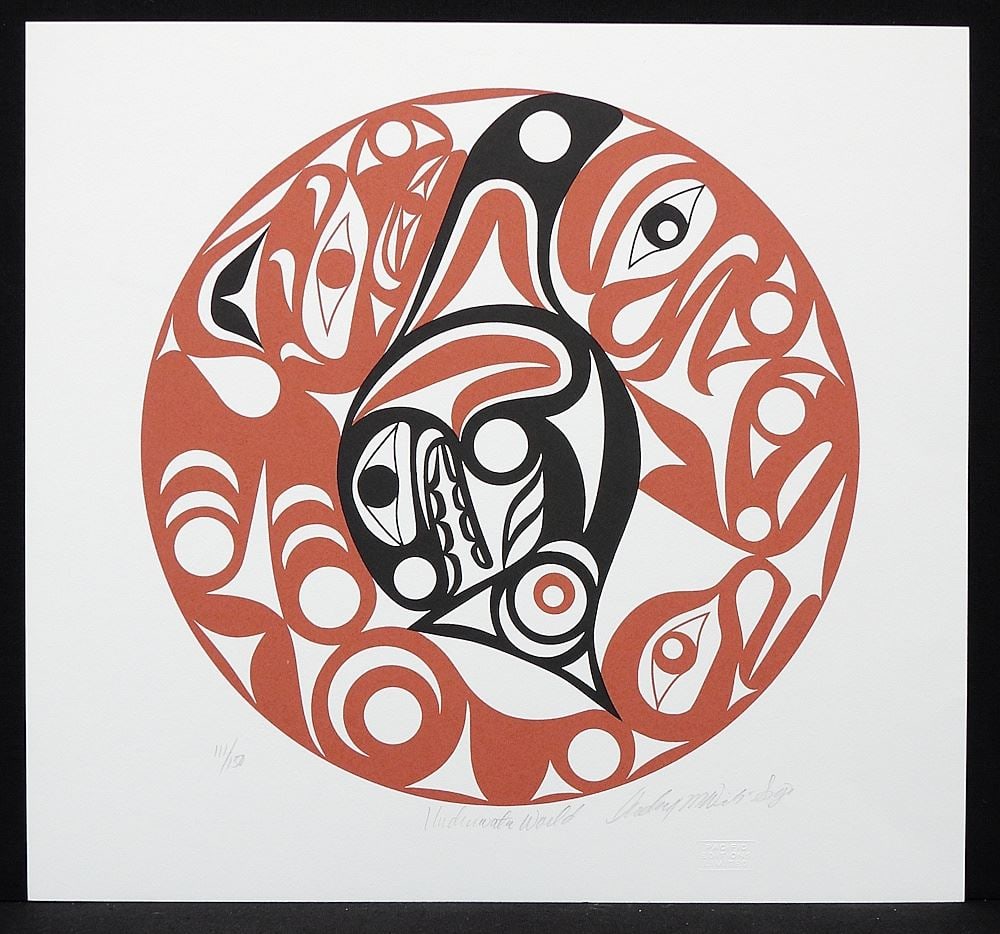 Coast Salish Serigraph signed Andrea Wilbur-Sigo, 15 x 16", "Underwater World" #111/150.: Coast Salish Serigraph signed Andrea Wilbur-Sigo, 15 x 16", "Underwater World" #111/150.