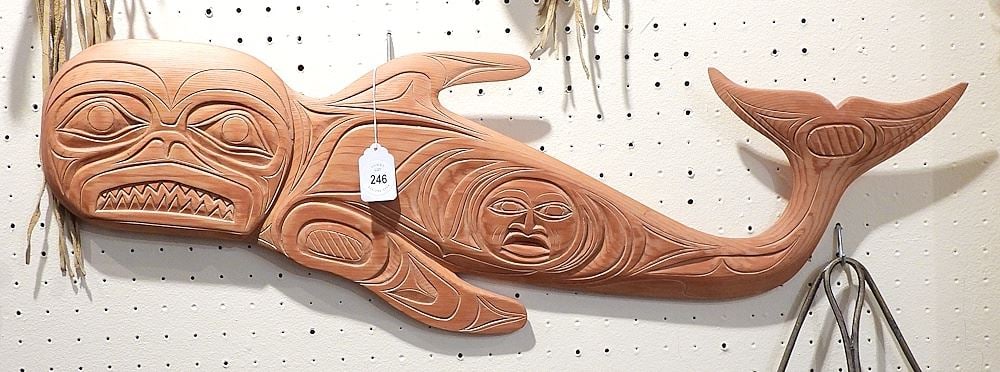 Coast Salish Carved Plaque signed Floyd Joseph Tyee, 31"L, "Killer Whale" 1993.: Coast Salish Carved Plaque signed Floyd Joseph Tyee, 31"L, "Killer Whale" 1993.
