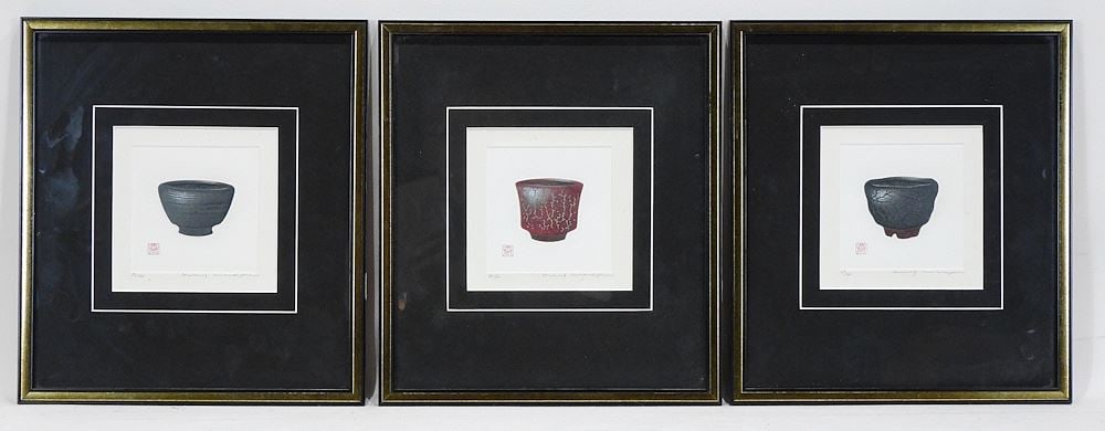 Three Woodcuts signed Hadu Maki, 5 x 5", "Tea Bowls", Edition of 300. (1 of 7)