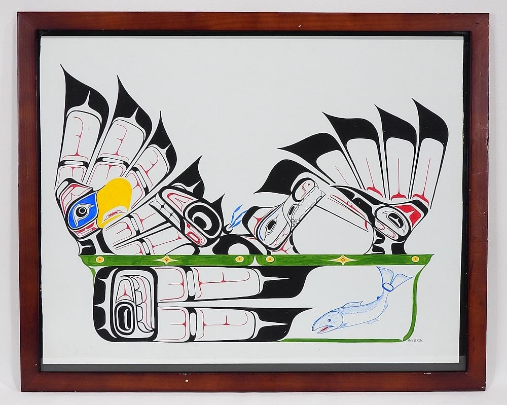 Mixed Media on Paper signed Ray D.R.Sr, 15 x 19", "Thunderbird Raven Salmon Totem". (1 of 2)