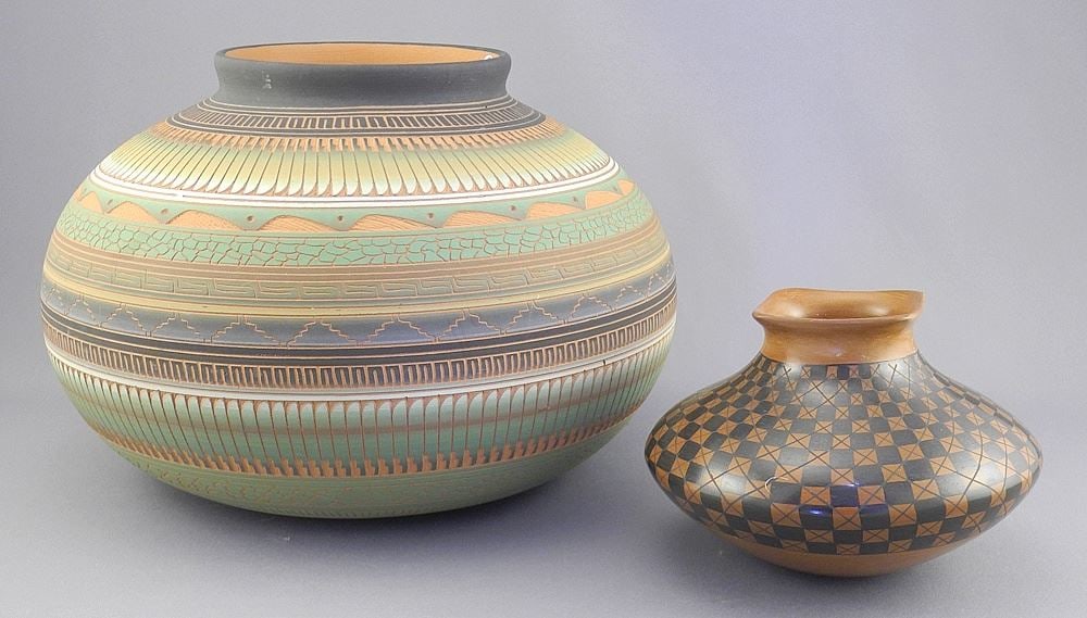 Two Navajo Pots: Blade Etched signed Susie Charlie (6"h) & Yoly Ledezma, 3 1/4"h (chipped). (1 of 4)