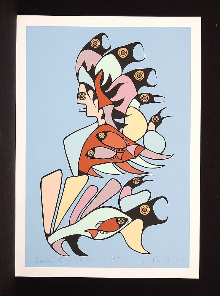 Anishinaabe Serigraph signed John LaFord, 25 1/2 x 18", "Squirrel Drum Dancer" #49/135. (1 of 2)