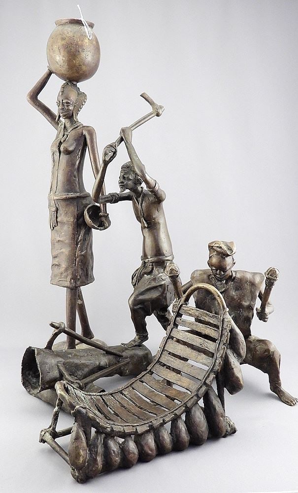 Three Benin Bronze Figures: Water Carrier - Musician - Wood Cutter, 17 1/4 - 18 3/8"h. (1 of 5)