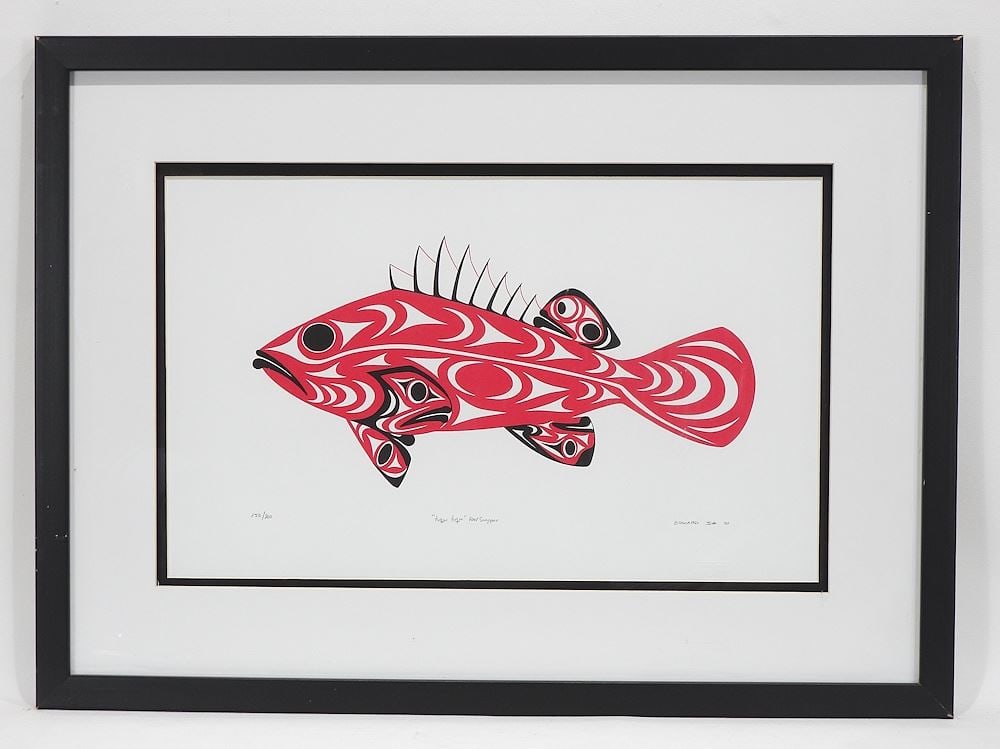 Cowichan Serigraph signed Edward Joe , 11 1/2 x 18 3/4", "Tuqw Tuqw Red Snapper" #150/200.: Cowichan Serigraph signed Edward Joe , 11 1/2 x 18 3/4", "Tuqw Tuqw Red Snapper" #150/200.