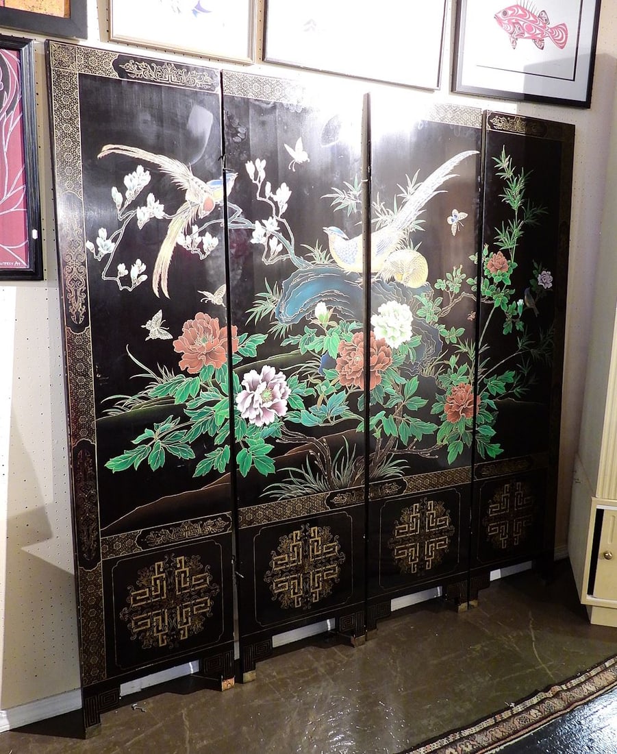 Chinese 4 Panel Black Lacquer Screen , 72"h. (1 of 2)
