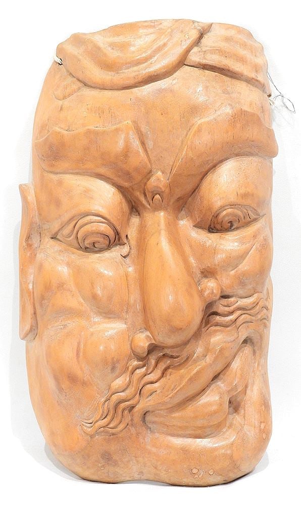 Grey Hibiscus Carved Indonesian Mask, 17 1/2", "Demi God". (1 of 4)