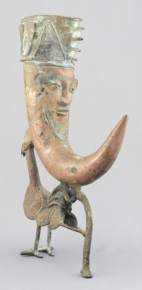Benin Bronze Drinking Horn, 11 1/4"h (1 of 3)