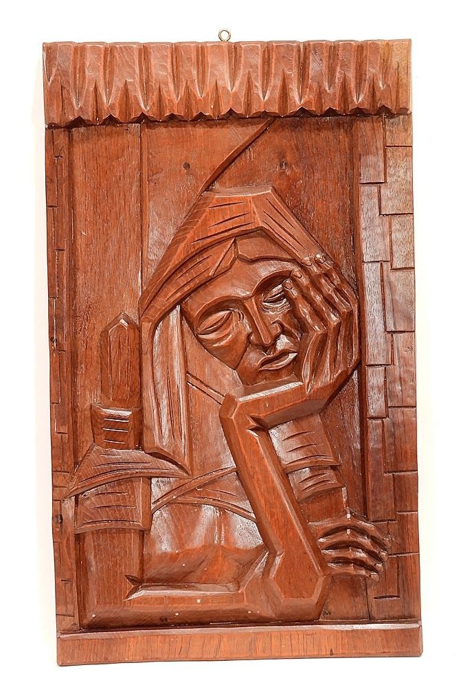 Ecuadorian Carved Wood Plaque by Gabriel Ceballos, 30 3/4 x 18 1/2".: Ecuadorian Carved Wood Plaque by Gabriel Ceballos, 30 3/4 x 18 1/2".
