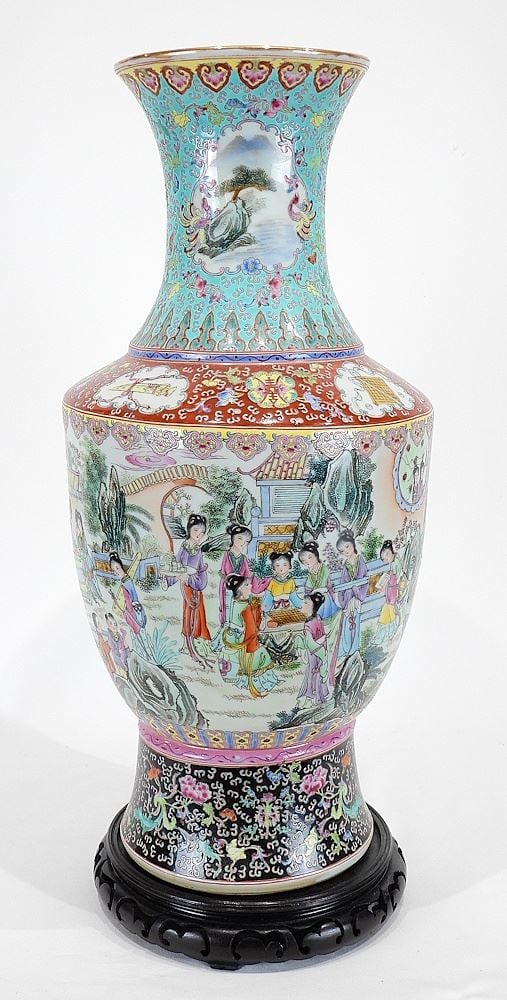 Chinese Famille Rose Porcelain Vase w/Gilt Artemesia Leaf Mark (22 1/4" h) w/Stand. (1 of 4)