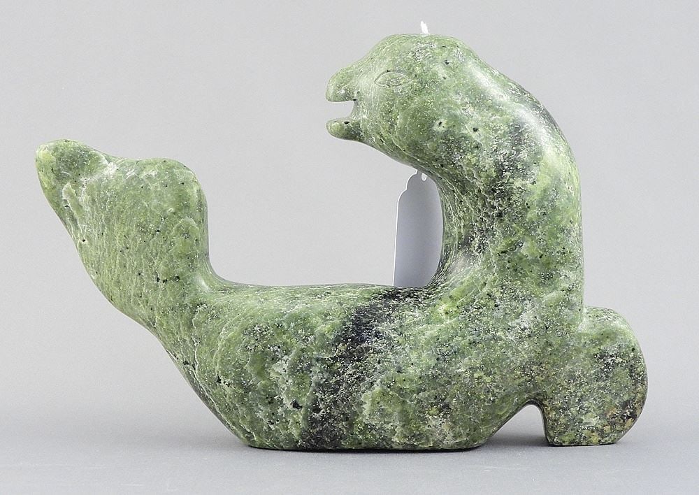 Inuit Stone Carving by Kavavaow Mannomee, 8 3/4"L, "Serpent". (1 of 3)