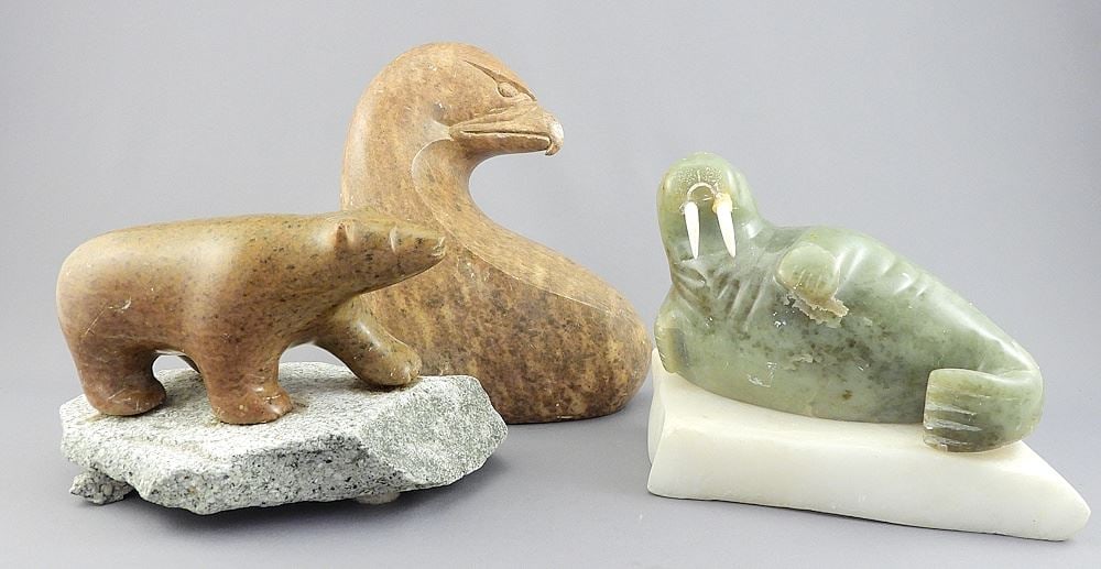 Three Stone Carvings: Ben Henry Six Nations Eagle/J. Sharpie Bear/ 4 1/4-6 1/2"h, Unsigned. (1 of 5)