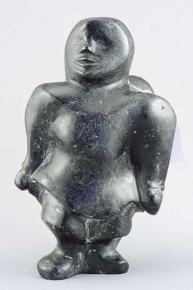 Inuit Stone Carving by Martina Anore, 9", "Figure With Chile In Amauti". (1 of 4)