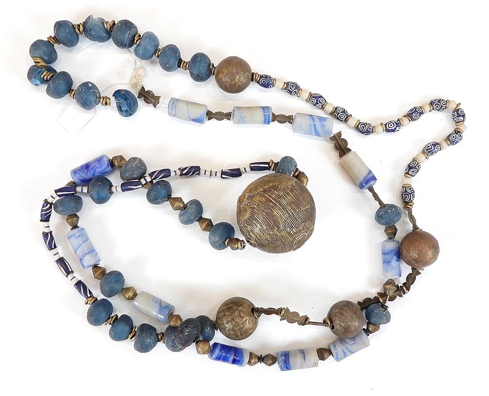 Long Strand of Benin Bronze-Venetian -Recycled Glass Trade Beads, 10"L (as found). (1 of 2)