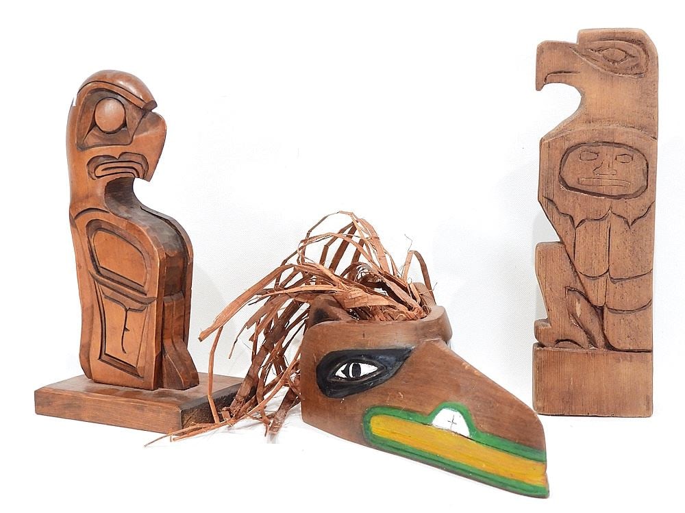Three Northwest Coast Raven & Eagle Carvings: L. Hunt/J. Meshlie/Jr, 3 1/8 - 9 3/4"h. (1 of 4)