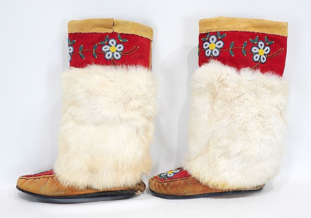 Pair of Beaded Fur Trim Mukluks w/Rubber Soles, 16"h. (1 of 4)