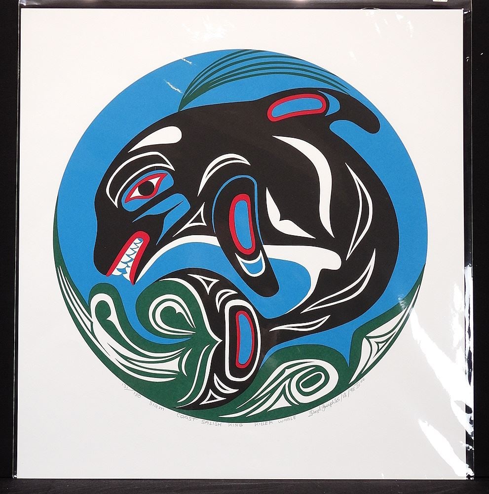 Coast Salish Serigraph signed Floyd Joseph Tyee, 23 x 21 3/4", "...King Killer Whale" #131/180.: Coast Salish Serigraph signed Floyd Joseph Tyee, 23 x 21 3/4", "...King Killer Whale" #131/180.
