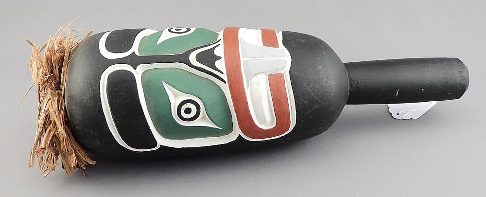 Polychrome Kwagiulth Rattle Monogrammed RK (Richard Krawchuk), 12 1/2"L. (1 of 3)