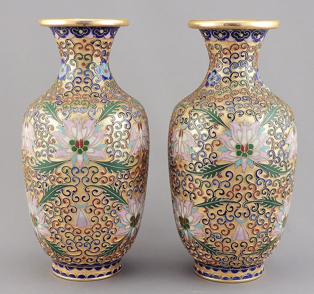 Pair of Gold Ground Chinese Cloisonne Vases, 8"h. (1 of 2)