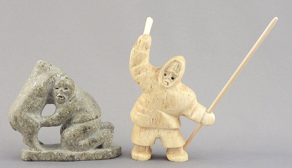 Two Inuit Carvings: Whalebone Figure & Stone "Bear Attack" w/Label, 3 1/8 " & 4"h. (1 of 3)