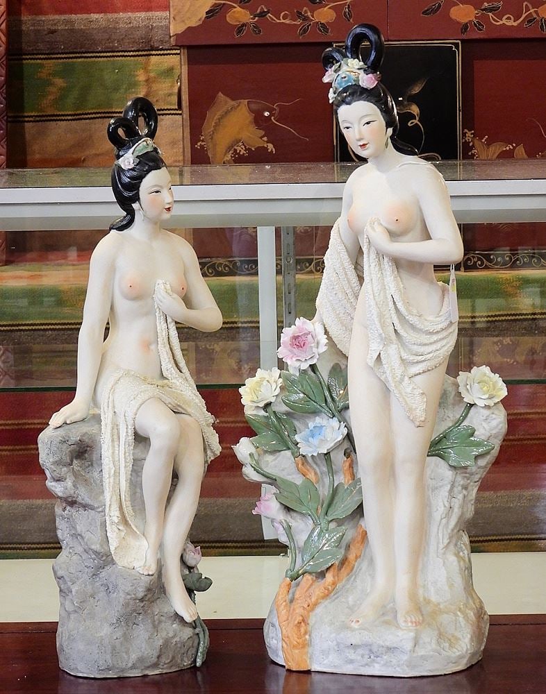 Pair of Chinese Porcelain Maidens, 23 1/4 & 21"h.: Pair of Chinese Porcelain Maidens, 23 1/4 & 21"h.