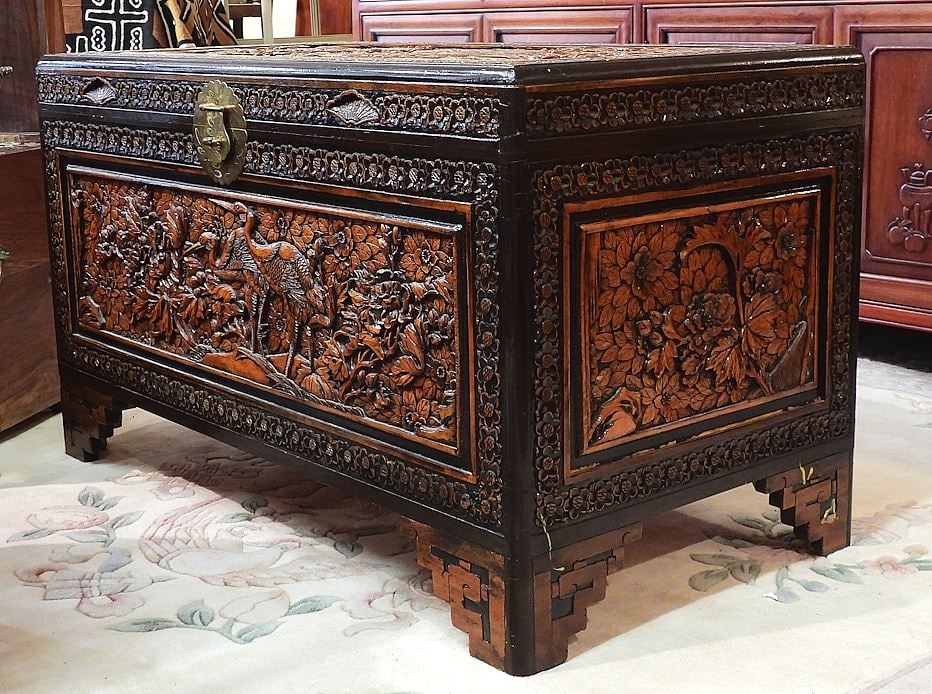 Deep Carved Camphor Wood Chest, 40"w.: Deep Carved Camphor Wood Chest, 40"w.