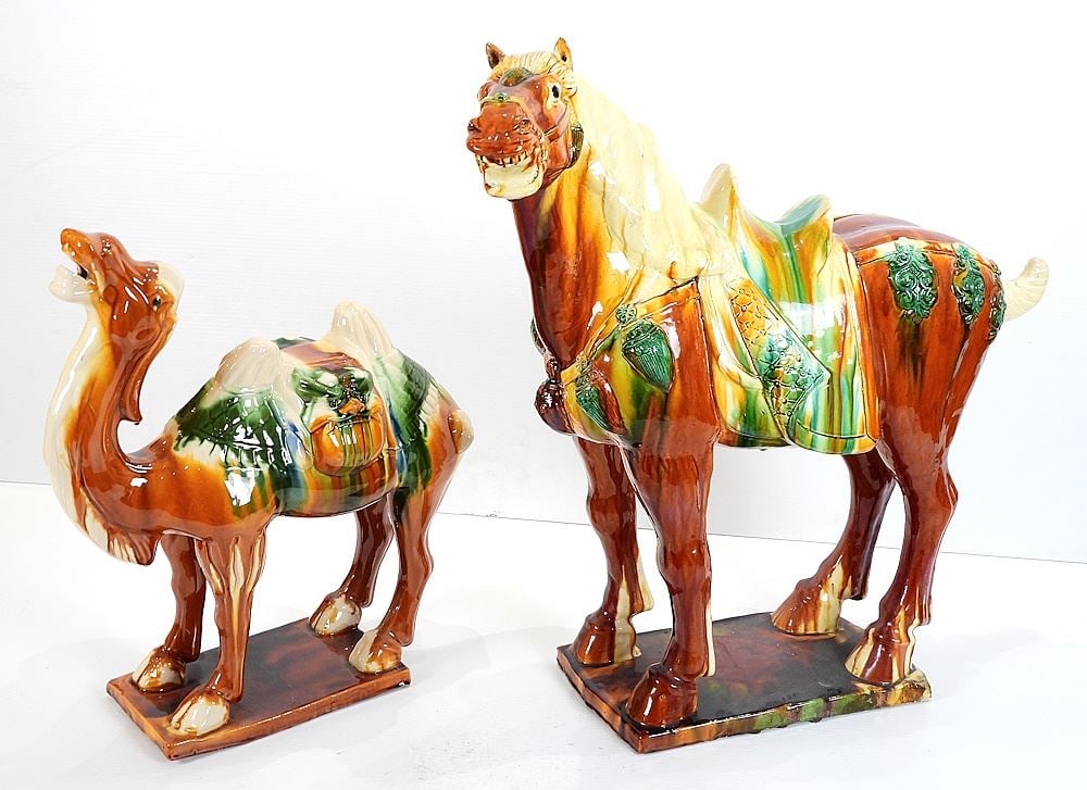 Two Tang Style Sarcai Animals: Camel (21"h) & Horse (27"h). (1 of 3)