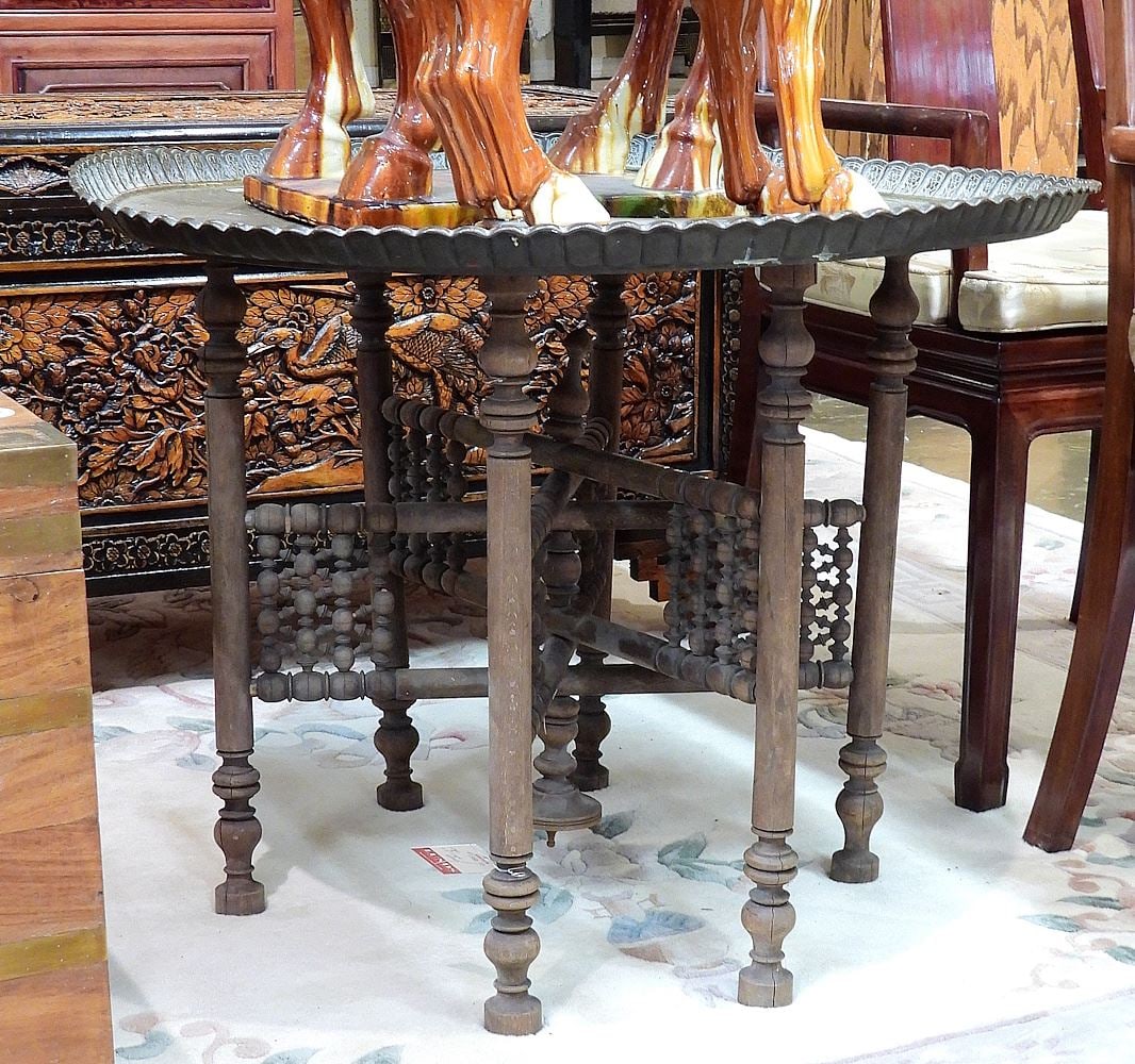 Persian Brass Tray Top Folding Table (2 sections), 23 3/8 x 30 1/4" Diameter. (1 of 2)