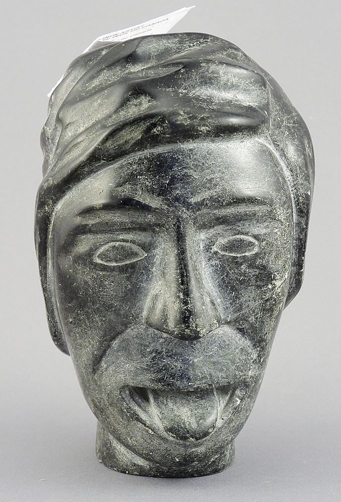 Inuit Stone Carving by Annie Kinnaujaq, 5 5/8"h, "Head (tongue sticking out)" w/Tag. (1 of 4)