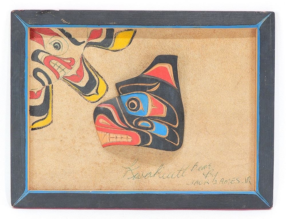 Kwagiulth "Bear" Carving on Suede Panel signed Jack James Jr., 7 x 9 1/2". (1 of 3)
