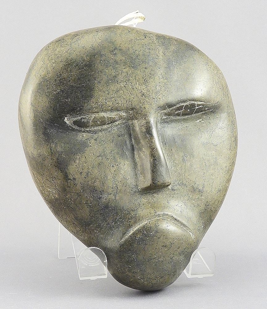 Inuit Stone Carving by Kiqura signed w/Syllabics, 7"h, "Face" w/Tag. (1 of 3)