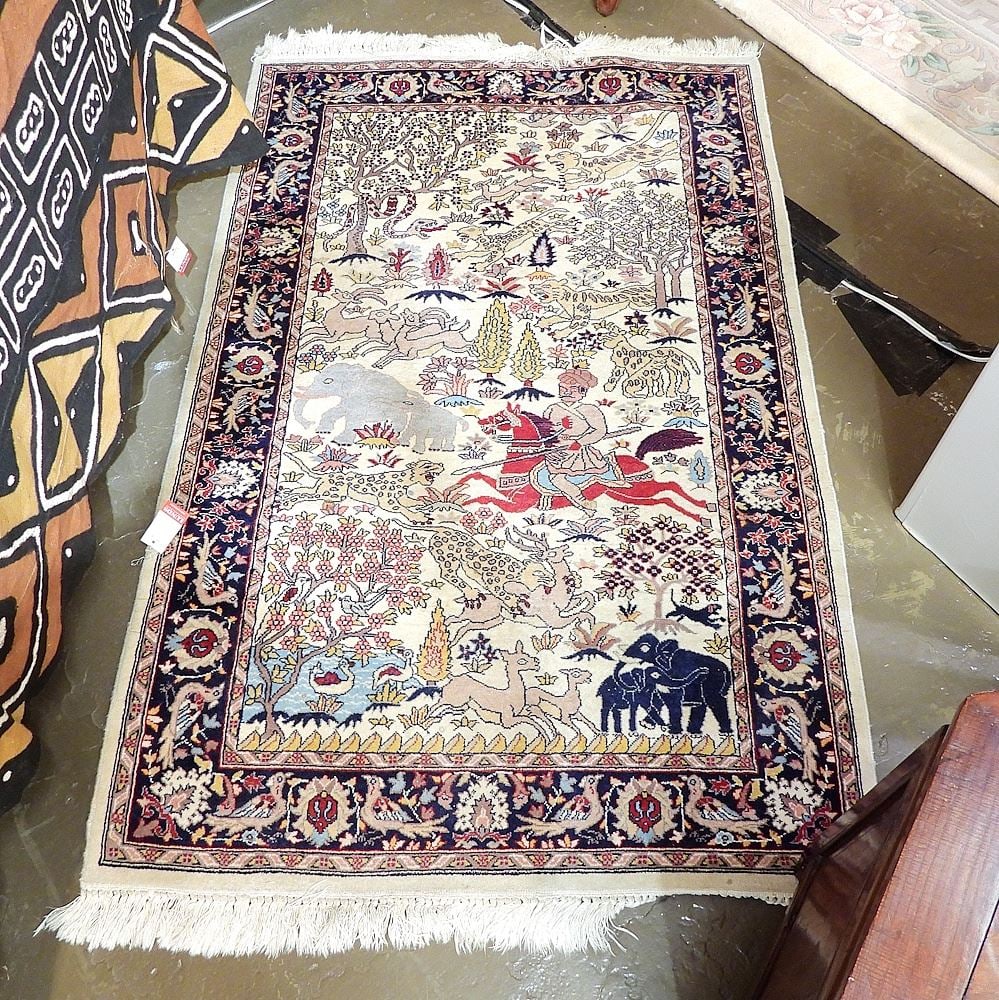 Persian Hand Knotted Wool & Cotton "Hunt" Carpet, Approximately 3'3" x 5'5". (1 of 3)
